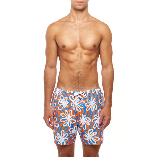 5.5" Truro Swim Short - Daisy Wave, Orange & Blue