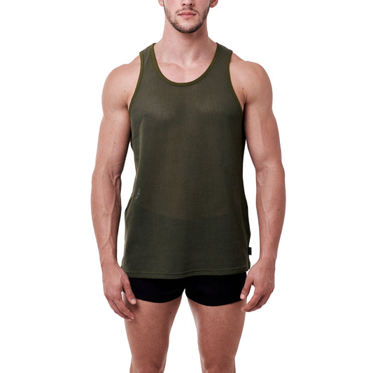 Cotton Mesh Tank Top - Olive Green