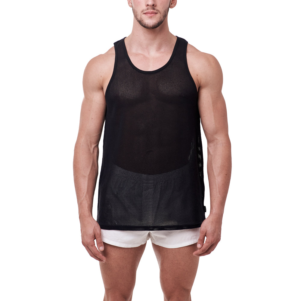 Cotton Mesh Tank Top - Black