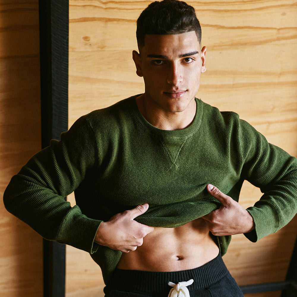 Merino Wool Waffle Crewneck Sweater - Green Sequoia