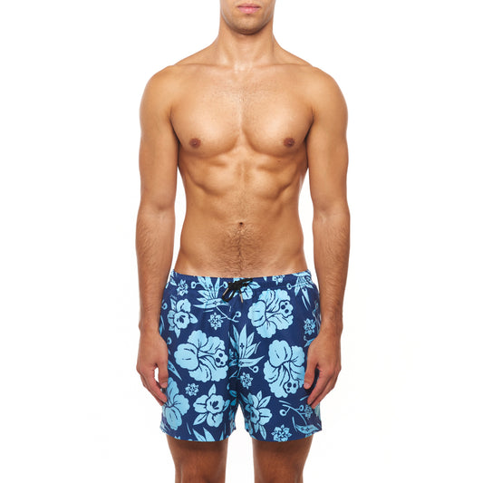 5.5" Truro Swim Short - Island Flower, Medieval Blue