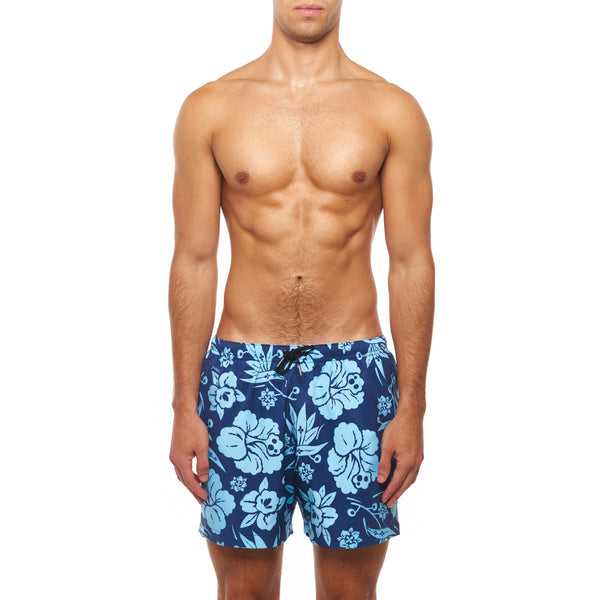 Men's Orange & Blue Daisy Wave Printed Swim Shorts | YUASA