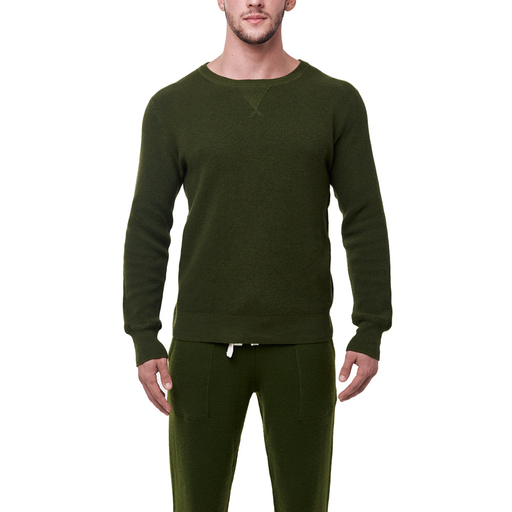 Merino Wool Waffle Crewneck Sweater - Green Sequoia
